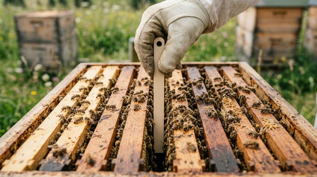 Apicoltore inserisce una striscia antivarroa fra i telaini di un alveare