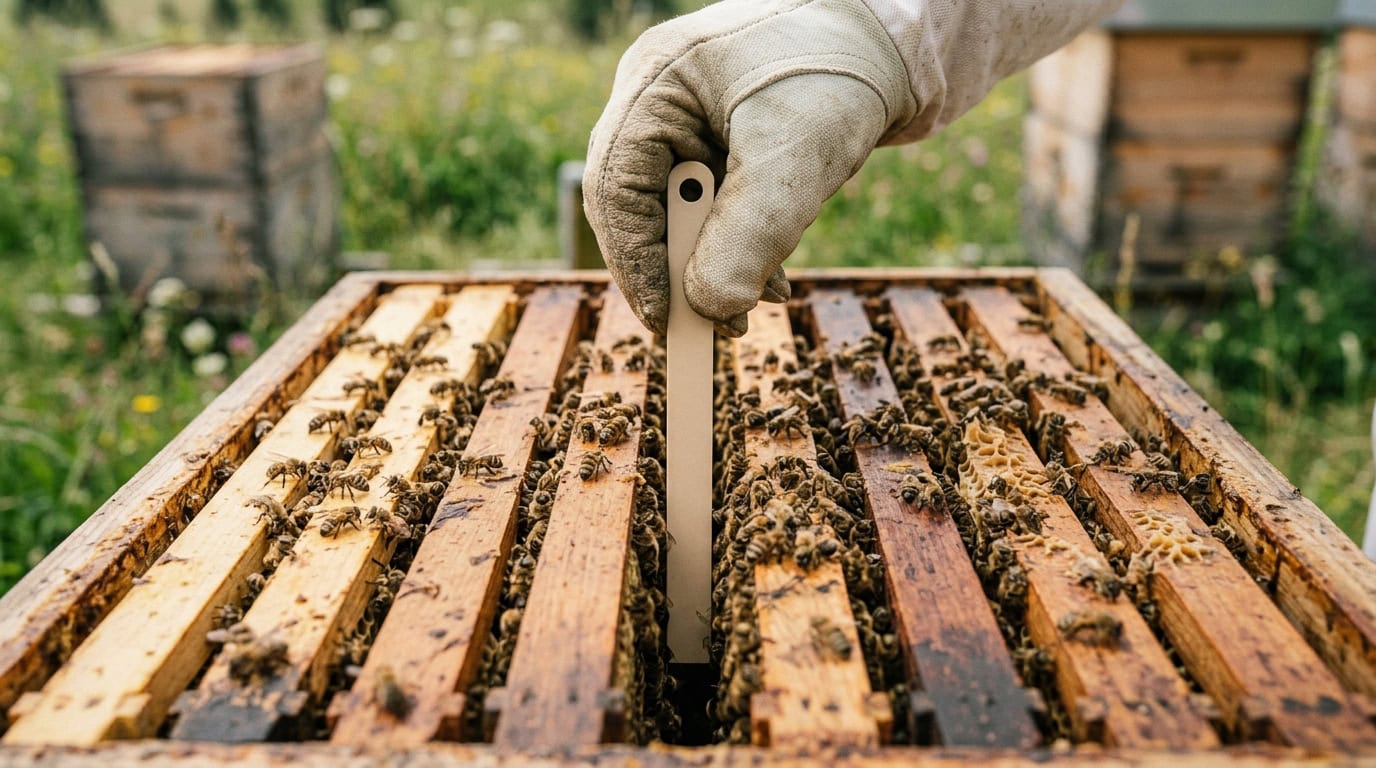 Apicoltore inserisce una striscia antivarroa fra i telaini di un alveare